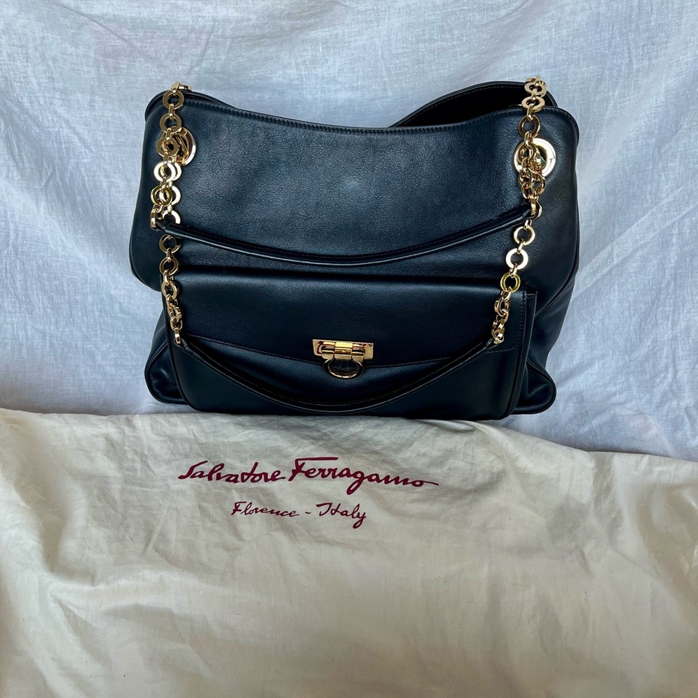 Salvatore Ferragamo Black Shoulder Bag with Gold Chain